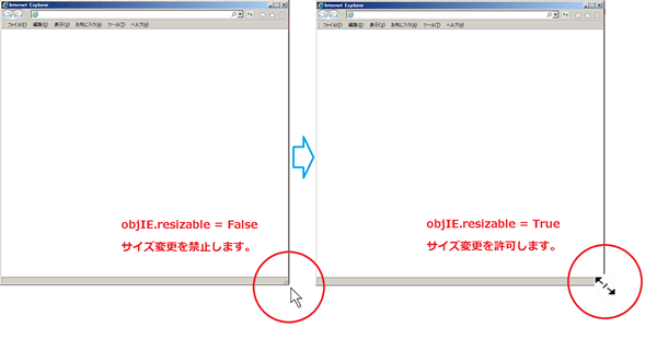 IEオブジェクトのResizableプロパティ